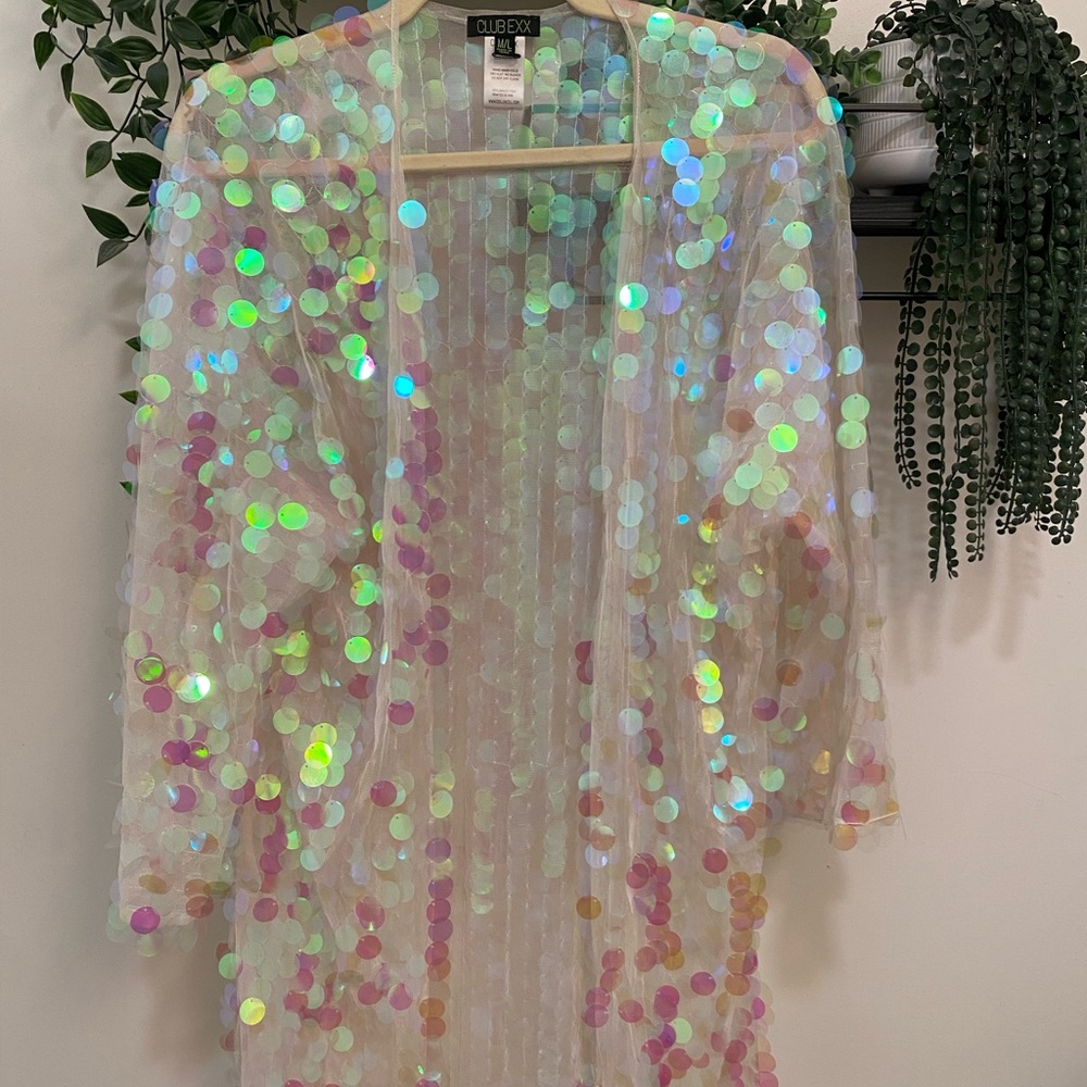 Iridescent Dolls Kill Club Exx Pink Sequin Rave Kimono Duster Burning Man Barbie